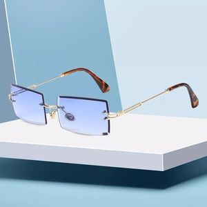 Mens Rimless Buffs Glasses Rectangular Blue Lens
